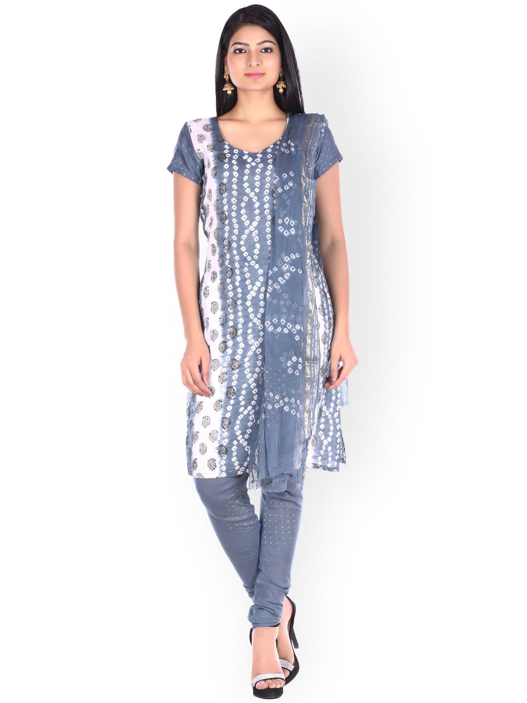 SOUNDARYA Grey Bandhni Print Unstitched Dress Material Price in India