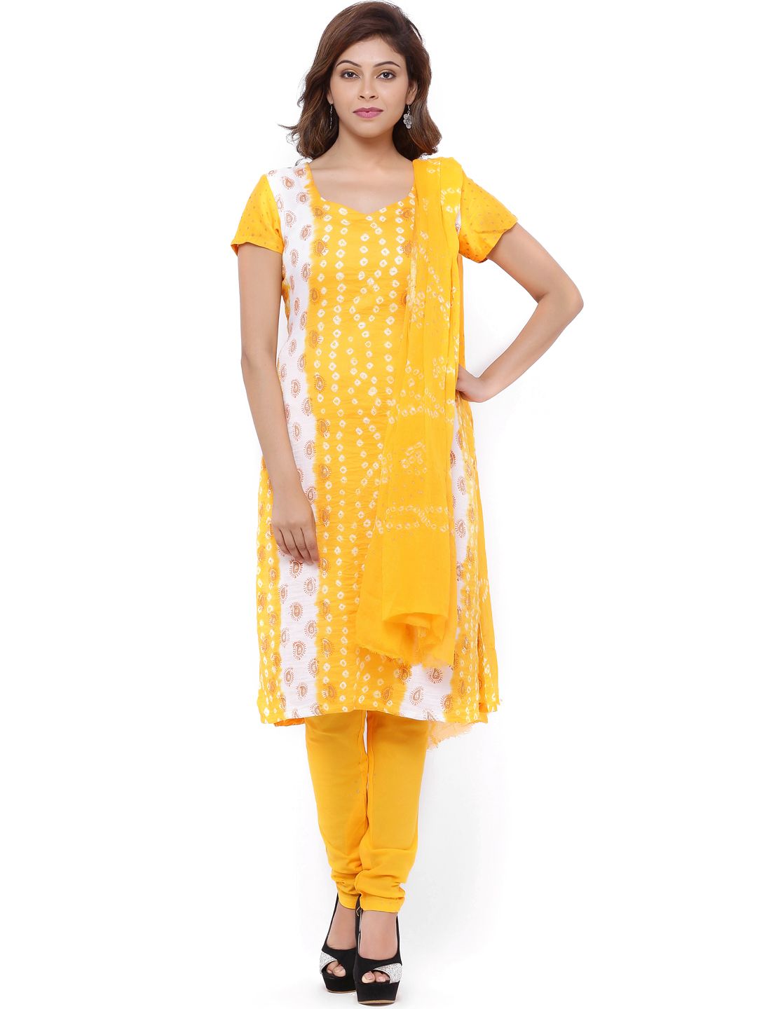 SOUNDARYA Yellow Hand Block Bandhani Print Unstitched Dress Material Price in India