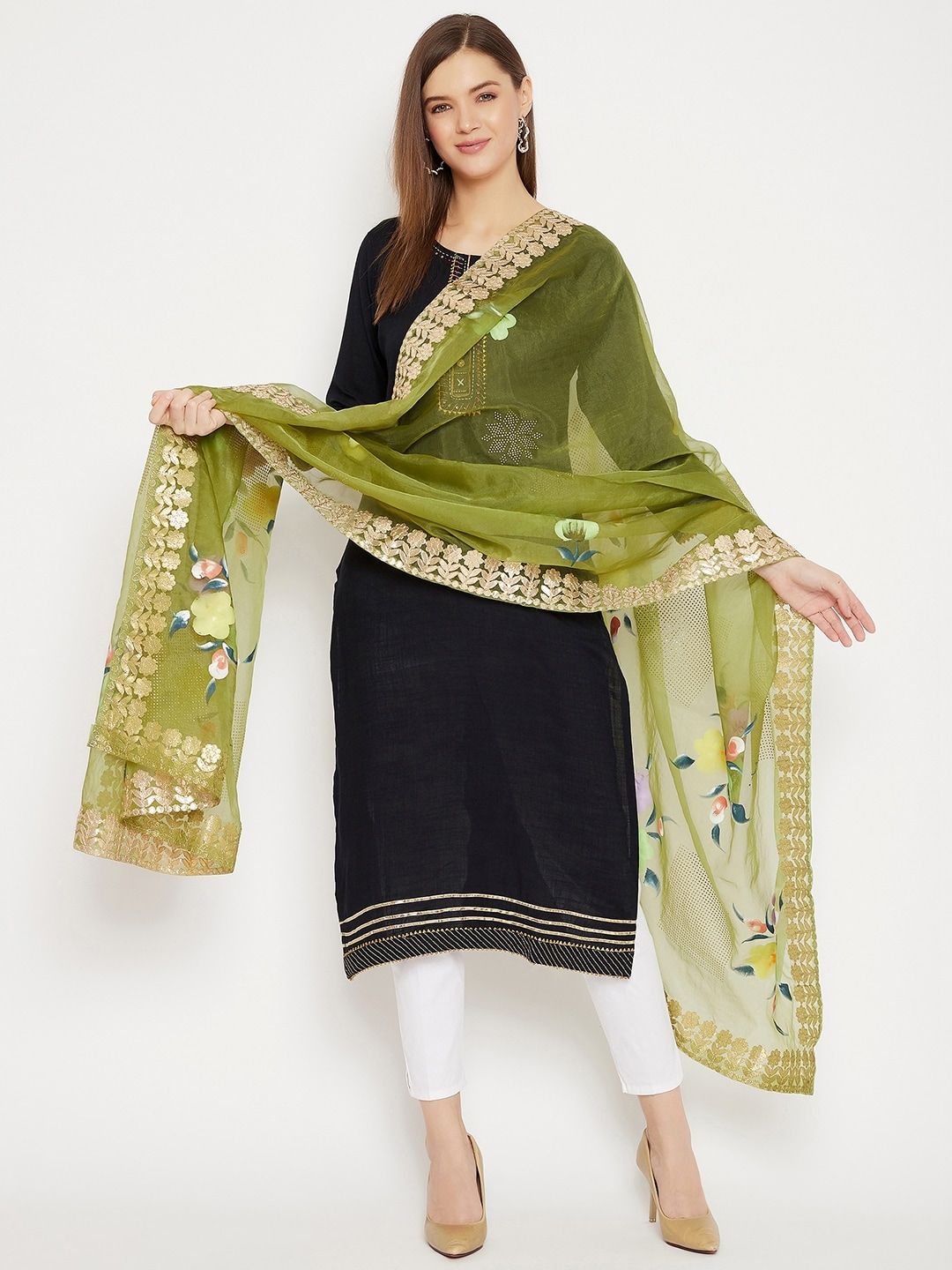 Clora Creation Olive Green & Gold-Toned Printed Dupatta Price in India