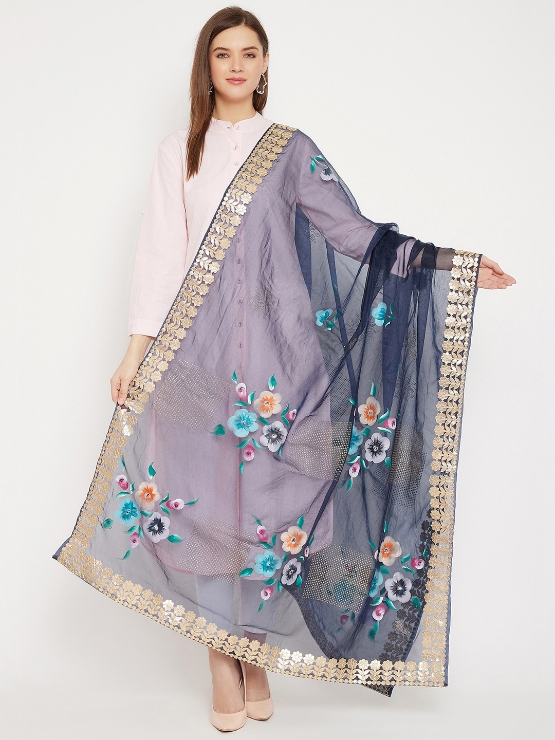 Clora Creation Navy Blue & Gold-Toned Printed Dupatta Price in India