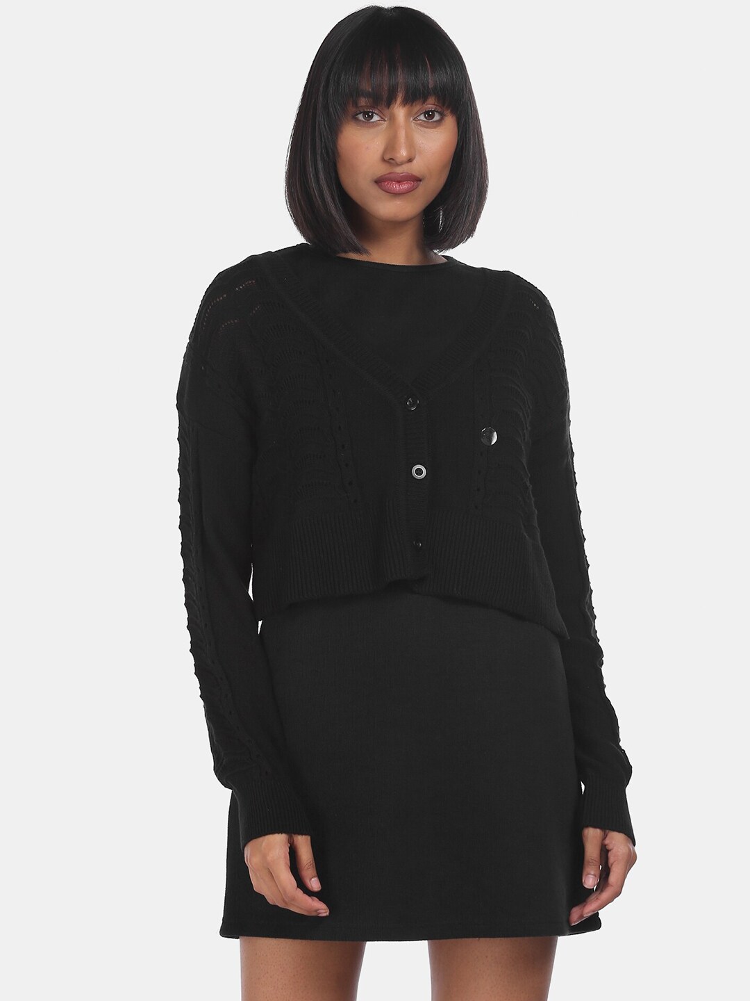 Aeropostale Women Black Knit Cardigan Sweater Price in India