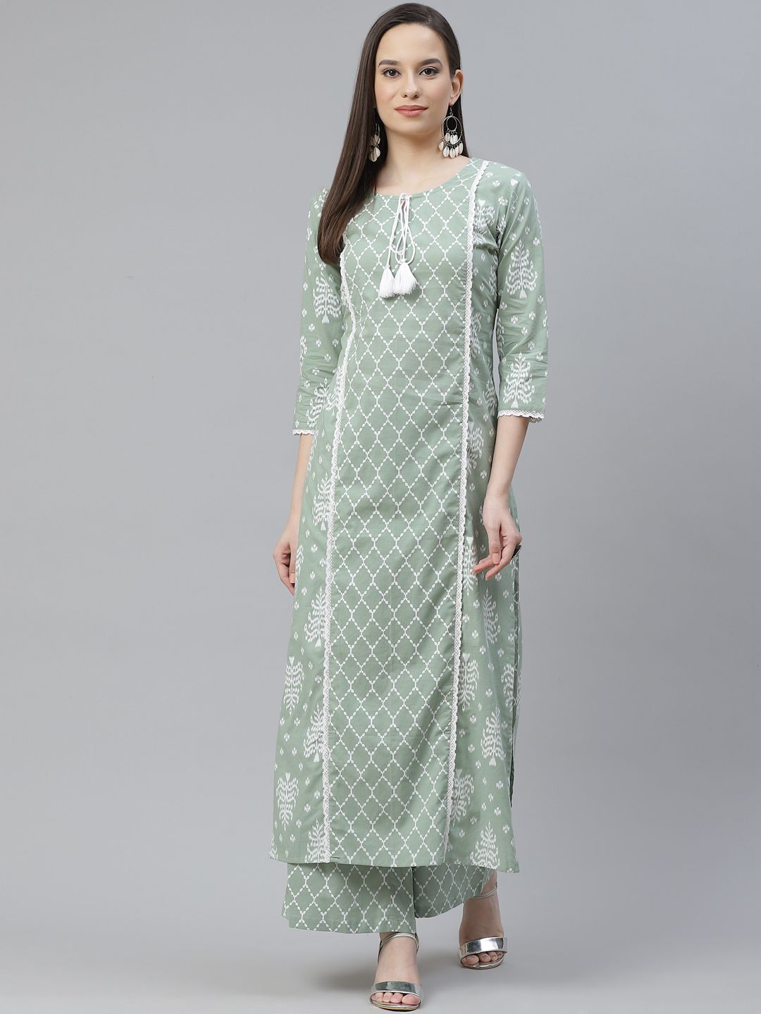 mokshi Women Green Ethnic Motifs Printed Panelled Pure Cotton Kurta with Palazzos Price in India