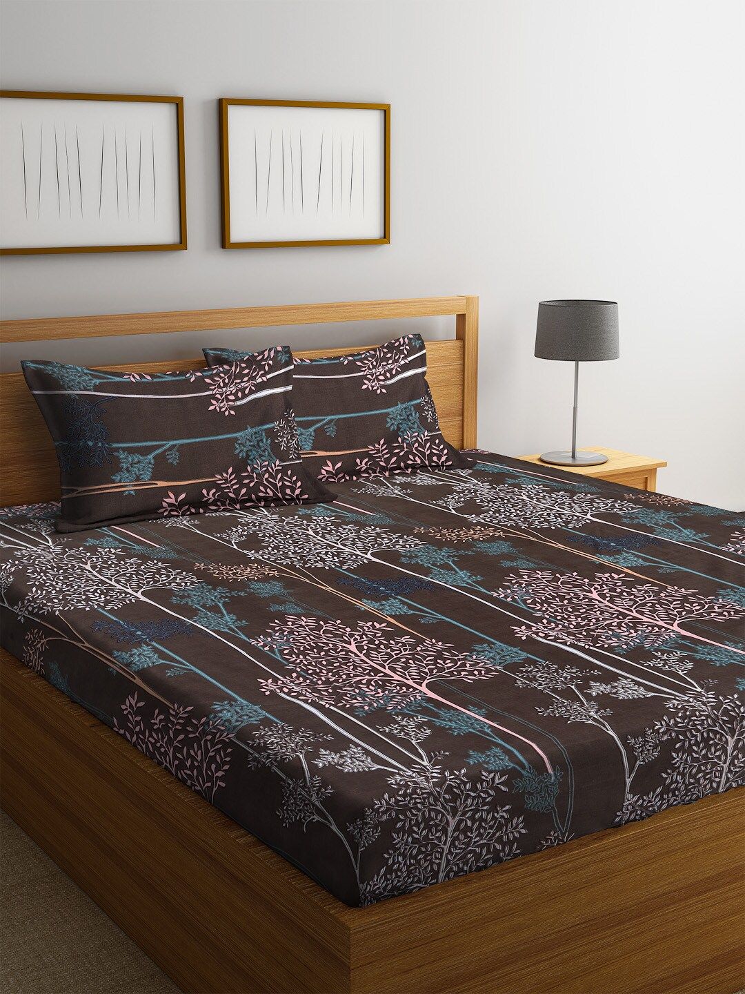 Florida Brown & Blue Floral 144 TC Polycotton 1 Queen Bedsheet with 2 Pillow Covers Price in India