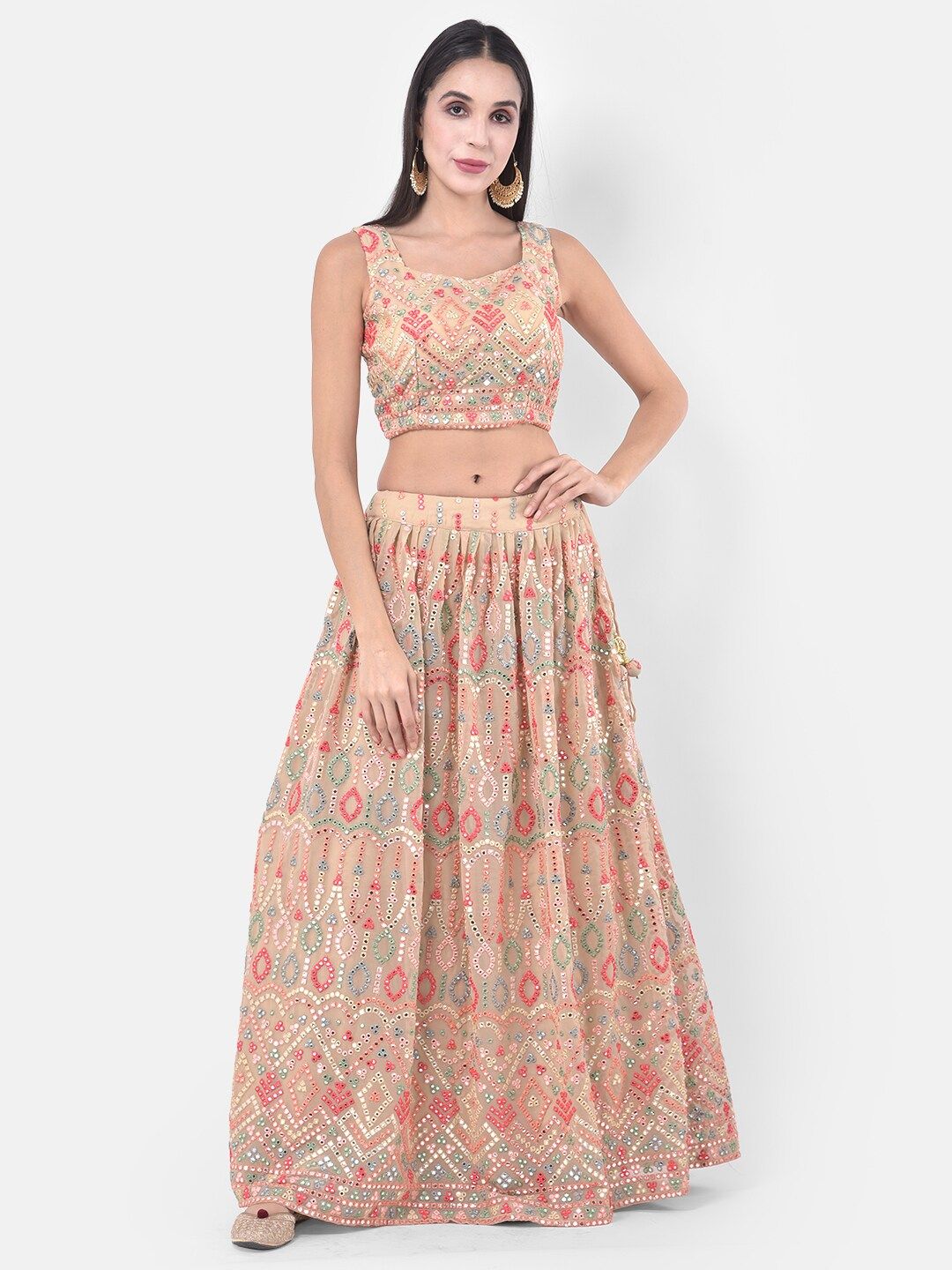 Neerus Beige & Silver-Coloured Embellished Ready to Wear Lehenga & Blouse with Dupatta Price in India