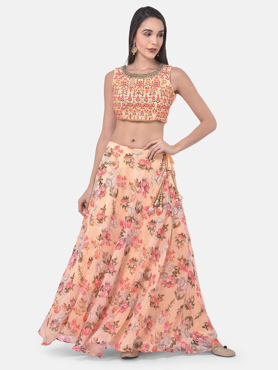 Neerus Peach-Coloured & Green Embroidered Ready to Wear Lehenga & Blouse with Dupatta