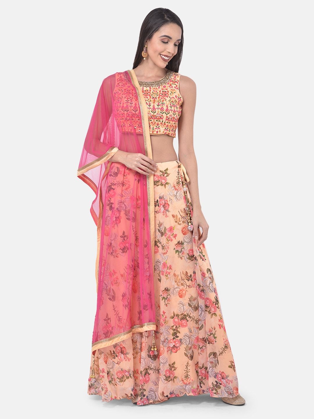 Neerus Peach-Coloured & Pink Embroidered Ready to Wear Lehenga & Blouse with Dupatta