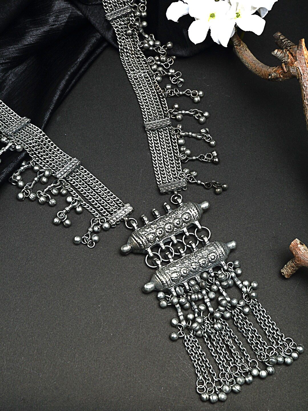 Moedbuille Silver-Plated Brass Handcrafted Tasselled Antique Design Oxidised Necklace Price in India
