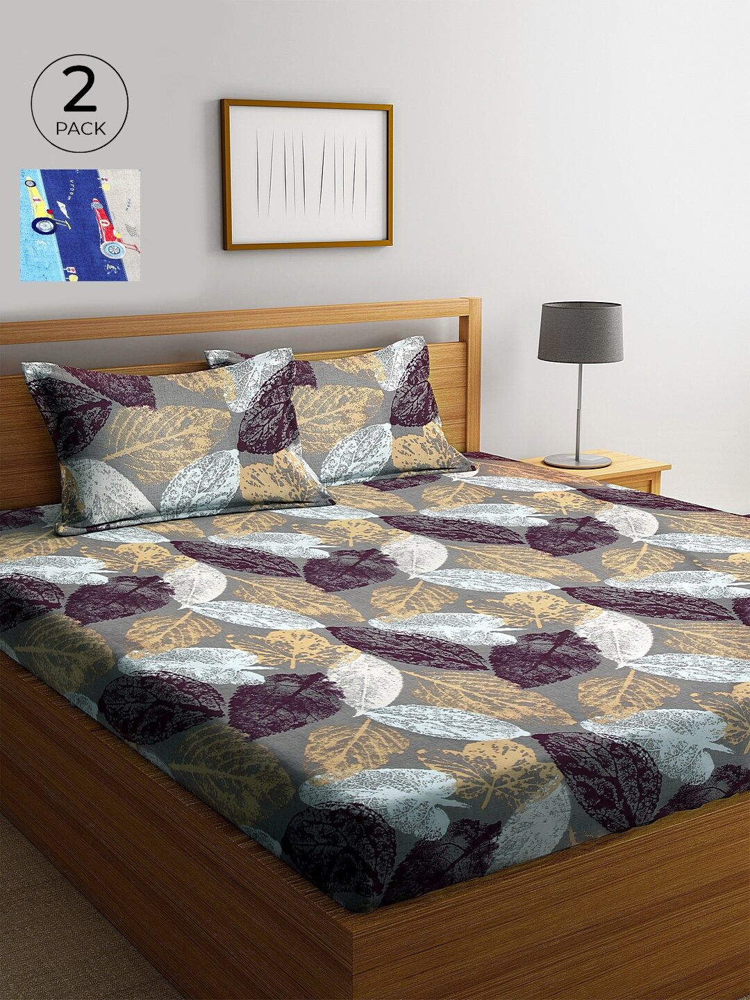 KLOTTHE Grey & Blue Floral 210 TC Cotton 2 King Bedsheet with 4 Pillow Covers Price in India