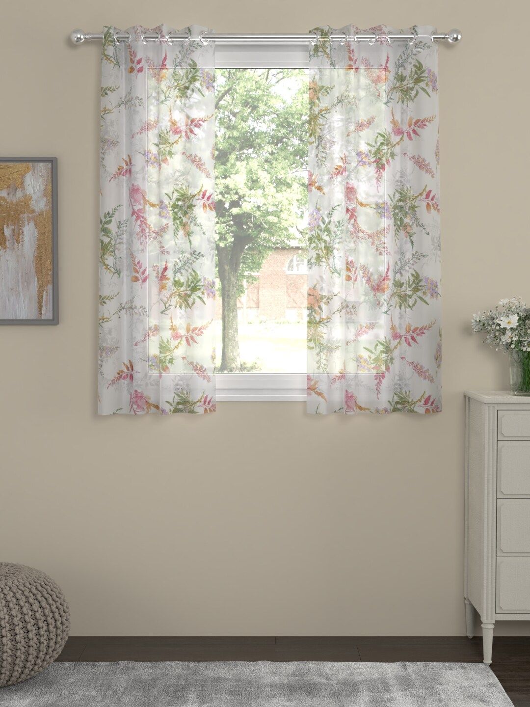 ROSARA HOME White & Pink Set of 2 Sheer Window Curtains Price in India