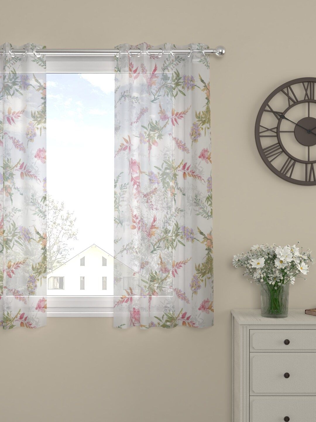 ROSARA HOME White & Pink Single Sheer Window Curtain Price in India