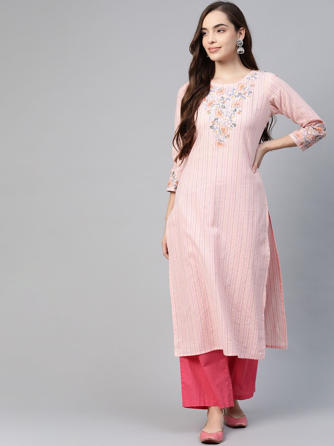 Yufta Women Pink Striped Thread Work Straight Kurta