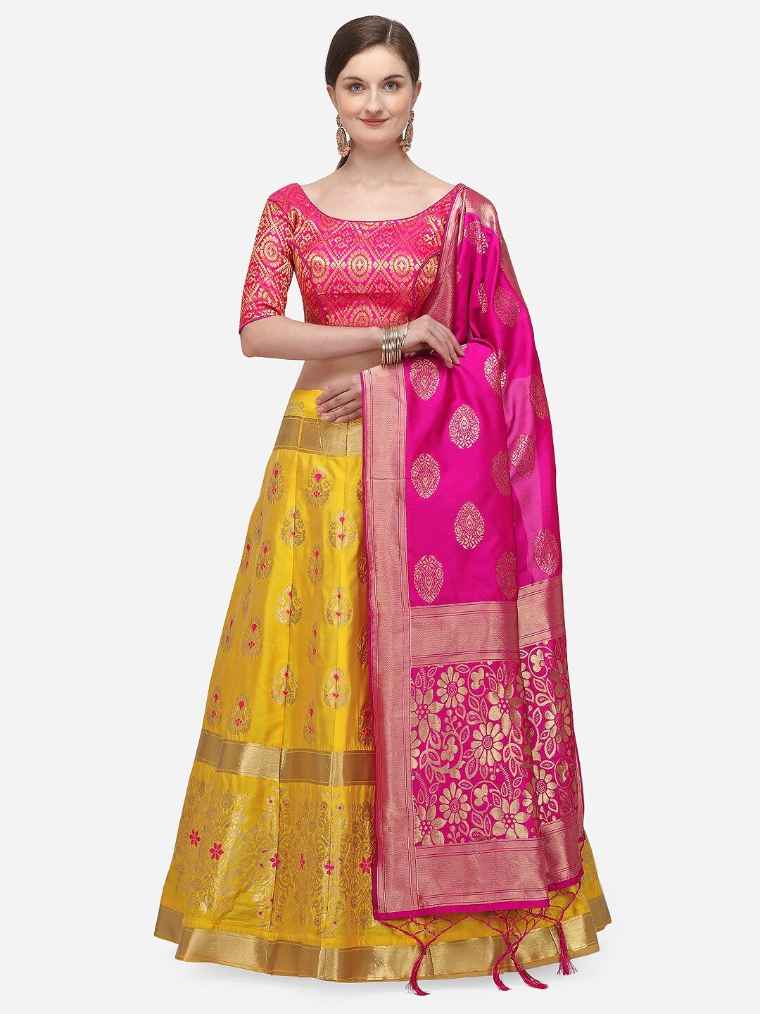 JATRIQQ Yellow & Pink Woven Design Semi-Stitched Lehenga & Unstitched Blouse with Dupatta Price in India