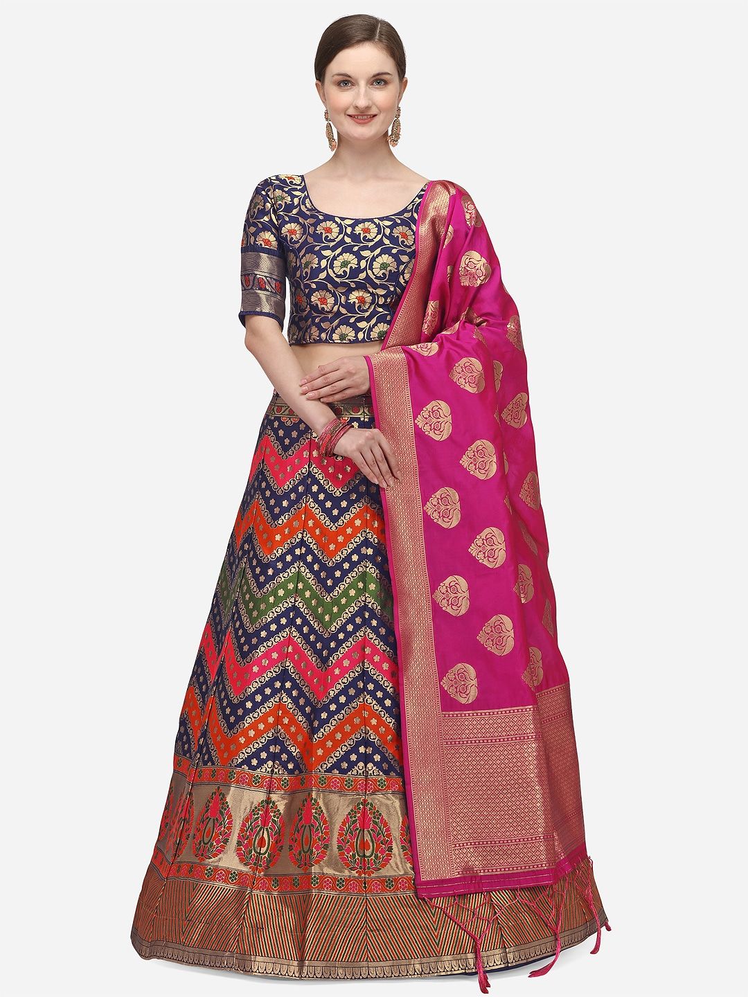 JATRIQQ Pink & Navy Blue Woven Design Semi-Stitched Lehenga & Unstitched Blouse with Dupatta Price in India