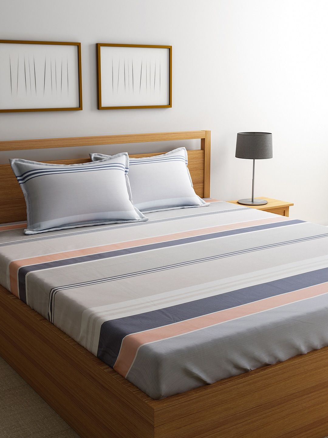 URBAN DREAM Grey & Peach-Coloured Striped 210 TC Cotton 1 King Bedsheet with 2 Pillow Covers Price in India