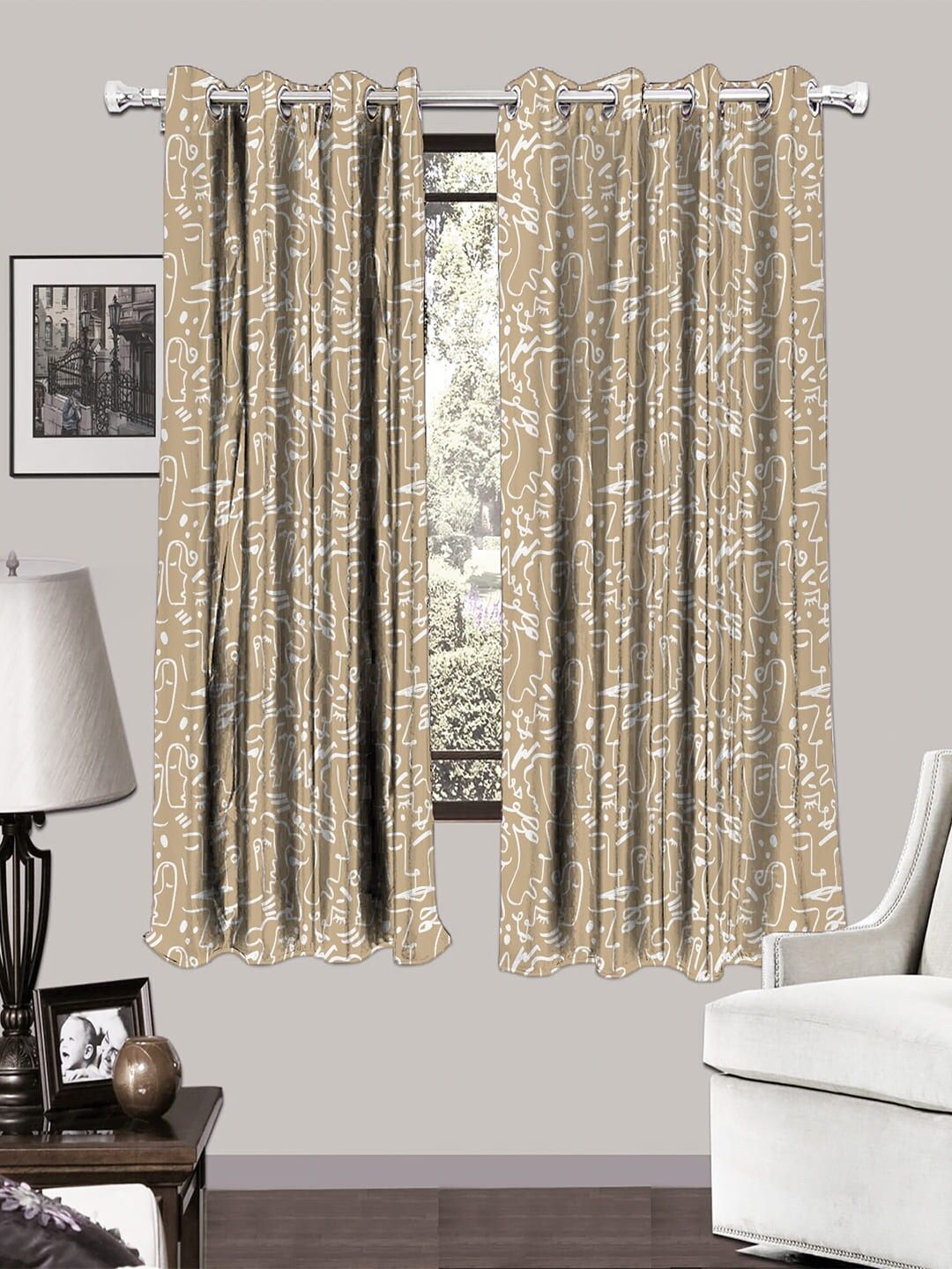 HOUZZCODE Taupe & White Set of 2 Room Darkening Window Curtains Price in India