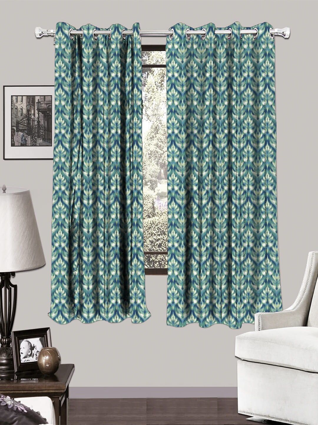 HOUZZCODE Turquoise Blue & Green Set of 2 Room Darkening Window Curtains Price in India