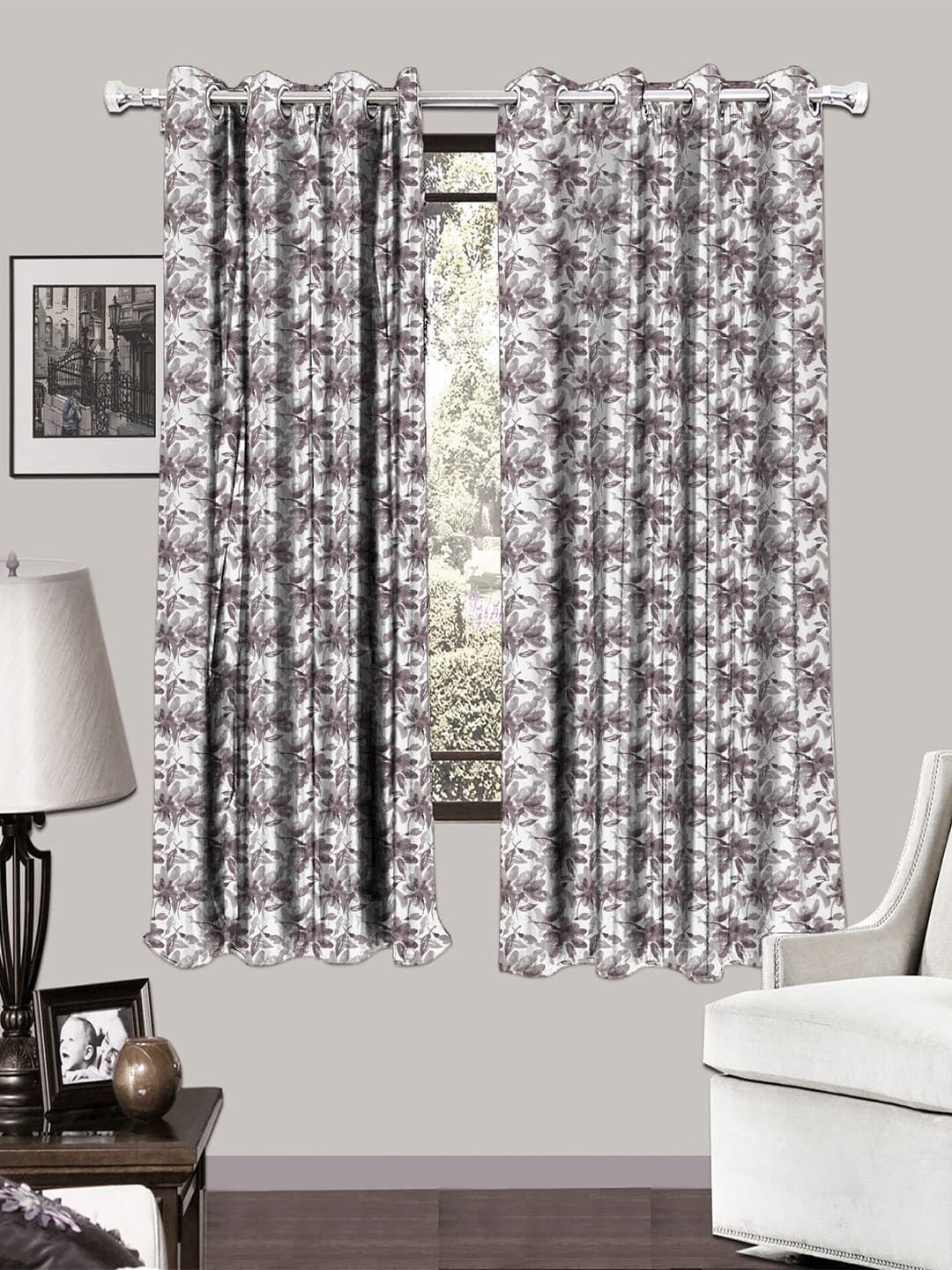 HOUZZCODE White & Grey Set of 2 Room Darkening Curtains Price in India