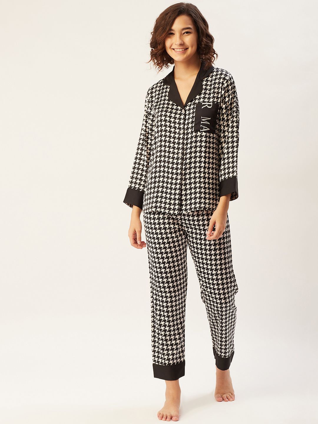 Sweet Dreams Women Black & White Houndstooth Print Satin Finish Night suit Price in India