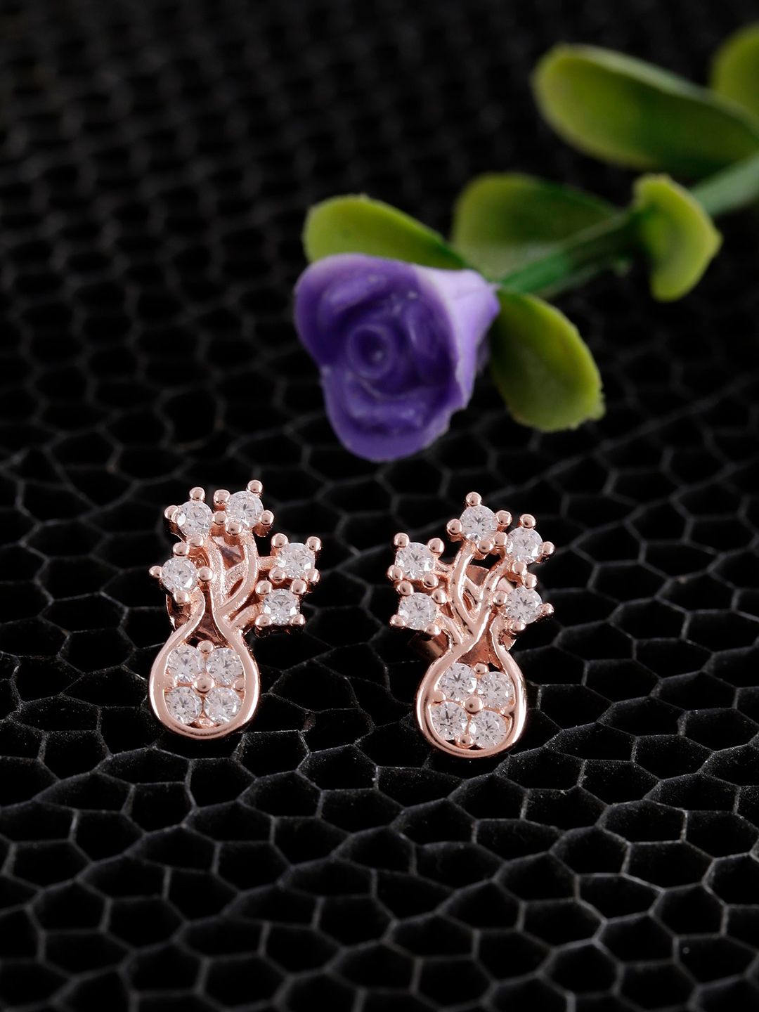 GIVA White 925 Sterling Silver Rose Gold-Plated Zircon Handcrafted Seed Floral Studs Price in India