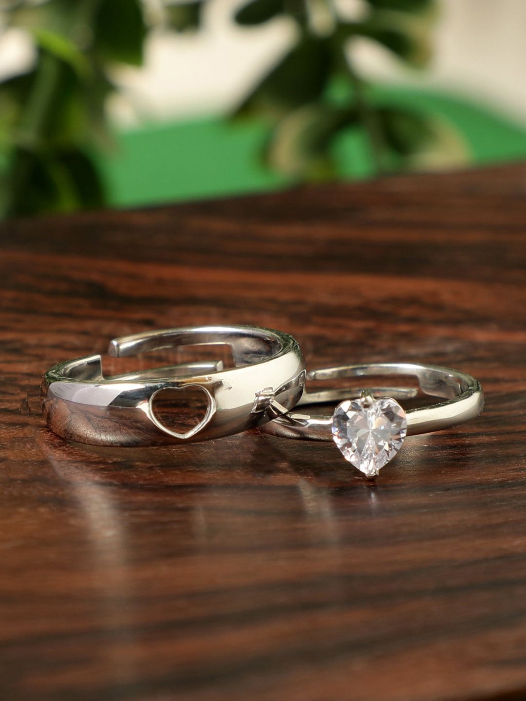 GIVA Set Of 2 925 Sterling Silver Rhodium-Plated Heart Couple Adjustable Finger Rings Price in India