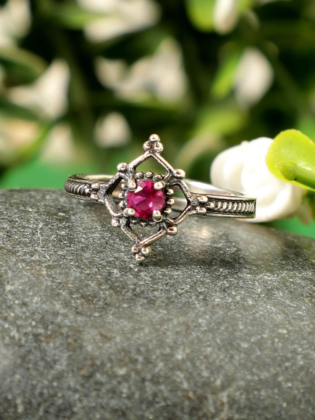 GIVA 925 Oxidised Silver-Toned & Magenta Pink Onyx-Studded Adjustable Vintage Merlot Finger Ring Price in India