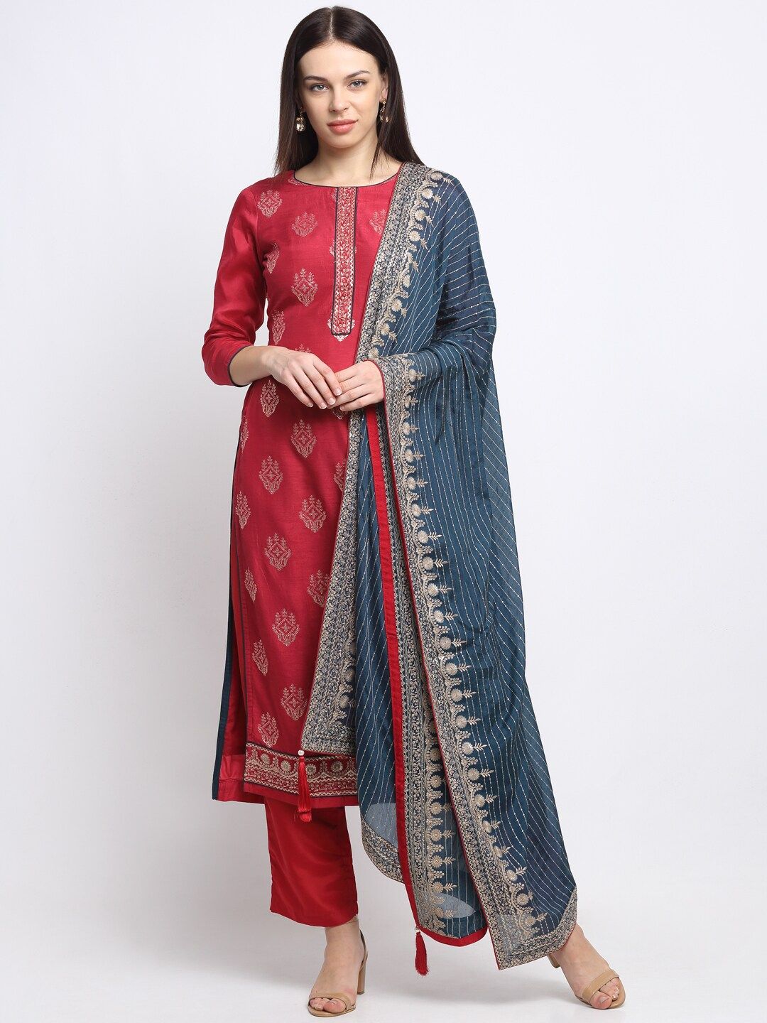 Stylee LIFESTYLE Red & Blue Art Silk Unstitched Dress Material Price in India