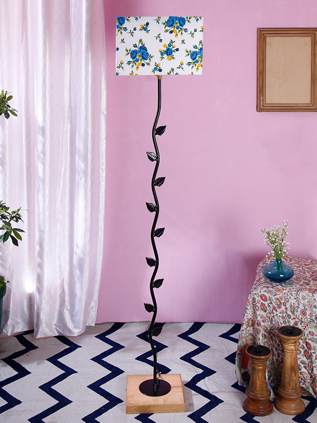 Devansh White & Blue Printed Traditional Club Lamp with Shade Price in India