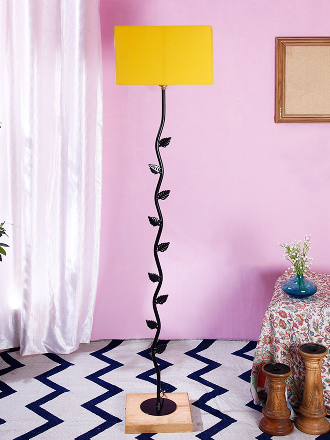 Devansh Yellow & Black Solid Traditional Club Lamp with Shade Price in India