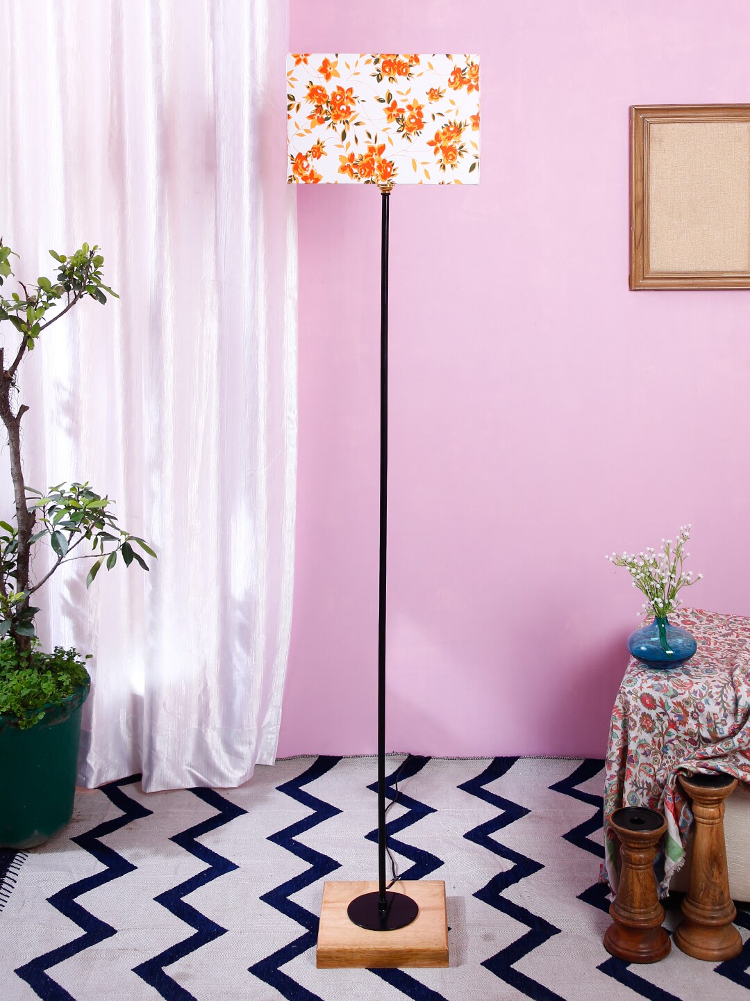 Devansh White & Orange Printed Traditional Floor Lamp with Shade Price in India