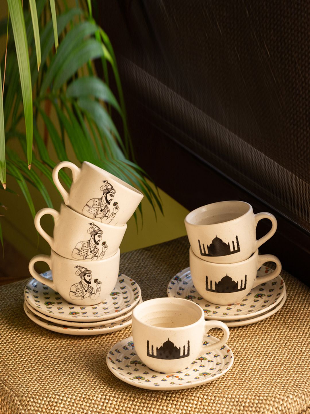 ExclusiveLane White 12-Pieces Printed Ceramic Cups and Saucers Set Price in India