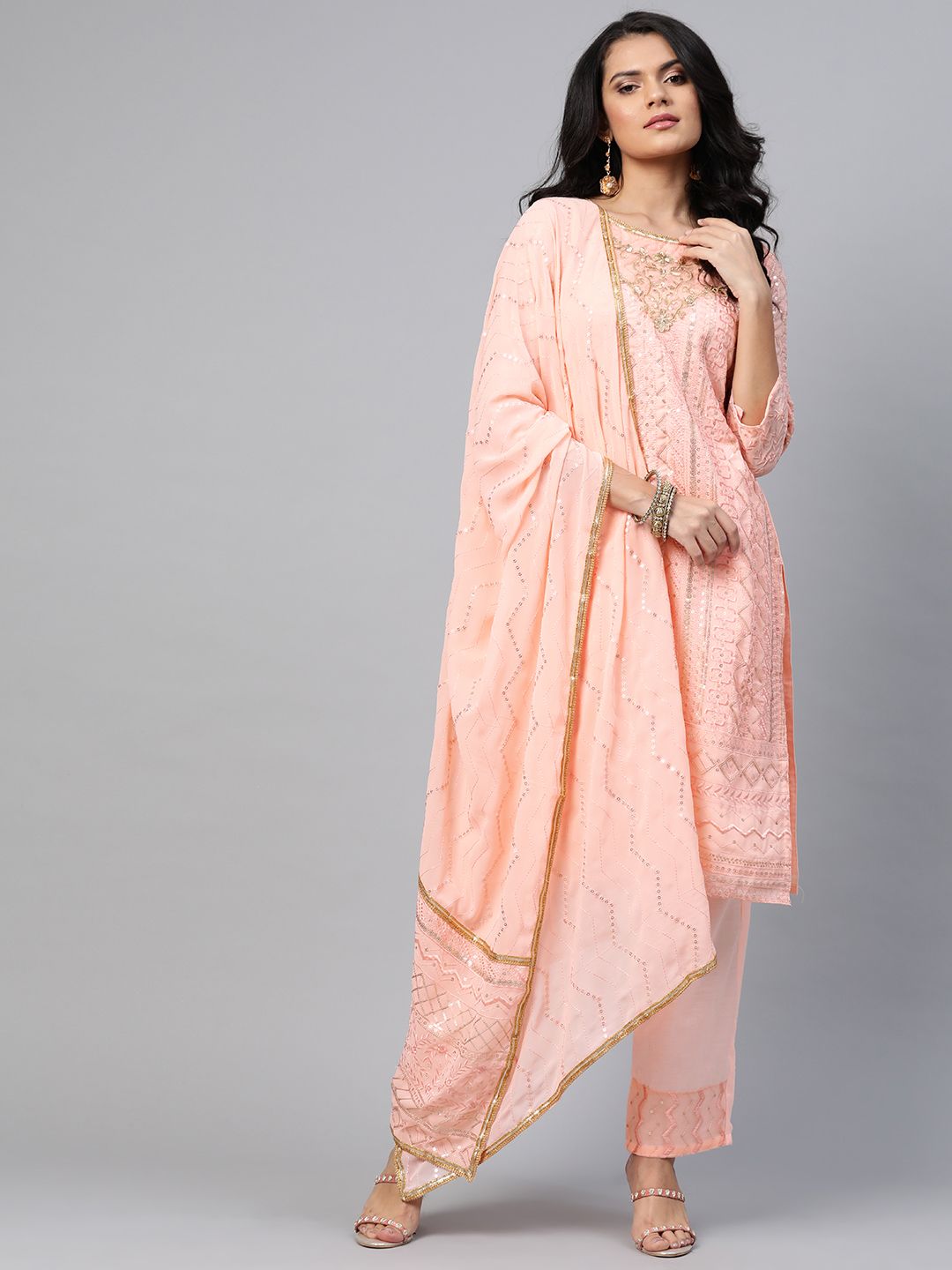 Readiprint Fashions Peach-Coloured & Golden Embroidered Semi-Stitched Dress Material Price in India