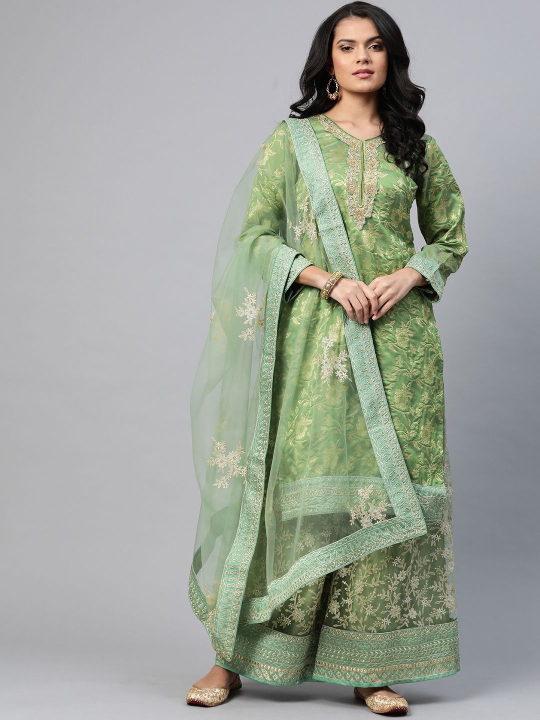 Readiprint Fashions Green & Golden Unstitched Dress Material Price in India