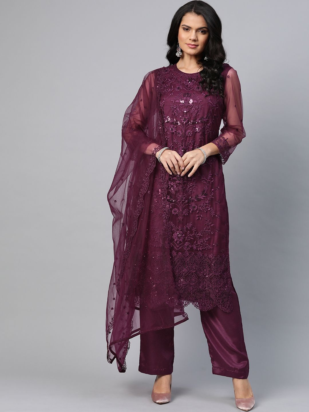 Readiprint Fashions Burgundy Embroidered Unstitched Dress Material Price in India