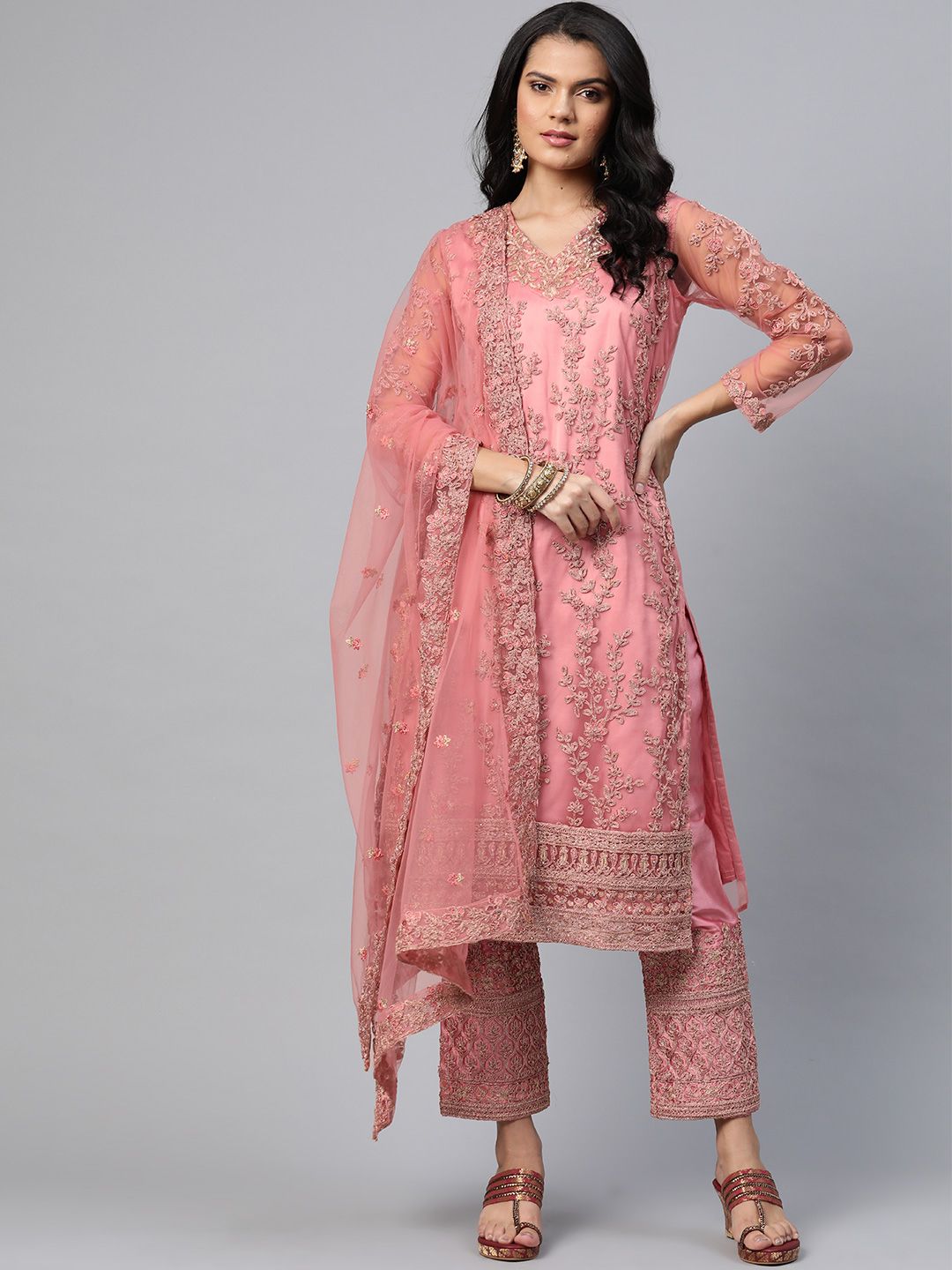 Readiprint Fashions Peach-Coloured & Golden Embroidered Unstitched Dress Material Price in India