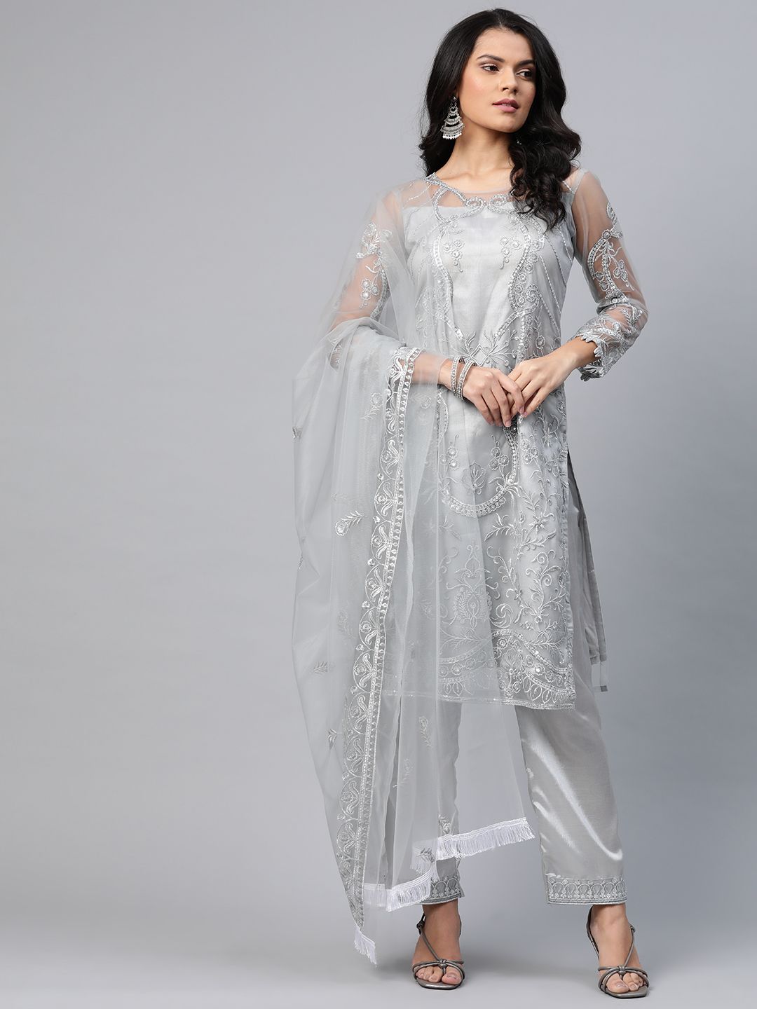 Readiprint Fashions Grey & Silver Embroidered Semi-Stitched Dress Material Price in India