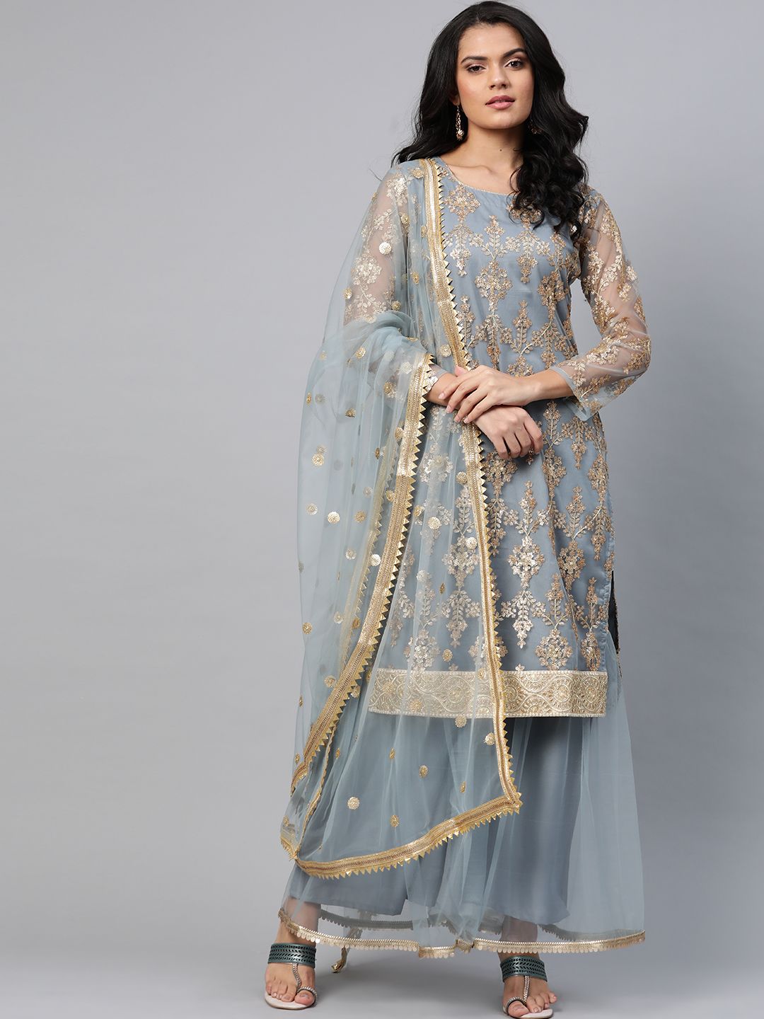 Readiprint Fashions Women Grey & Golden Embroidered Semi-Stitched Dress Material Price in India