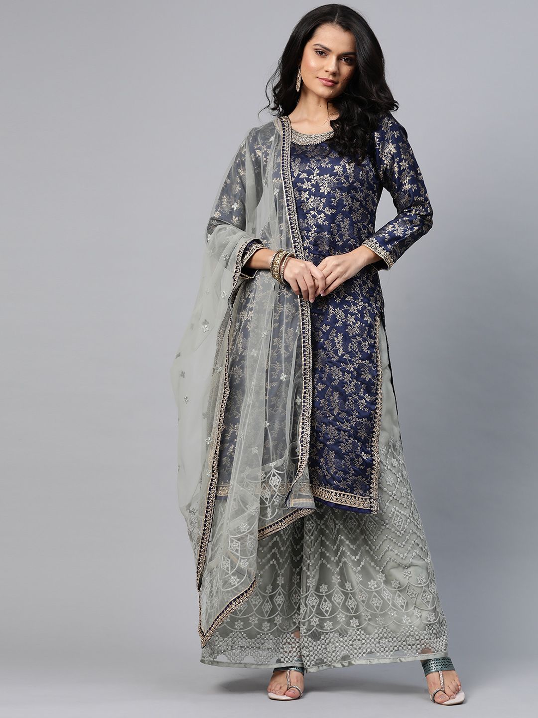 Readiprint Fashions Navy Blue & Grey Woven Design Unstitched Dress Material Price in India