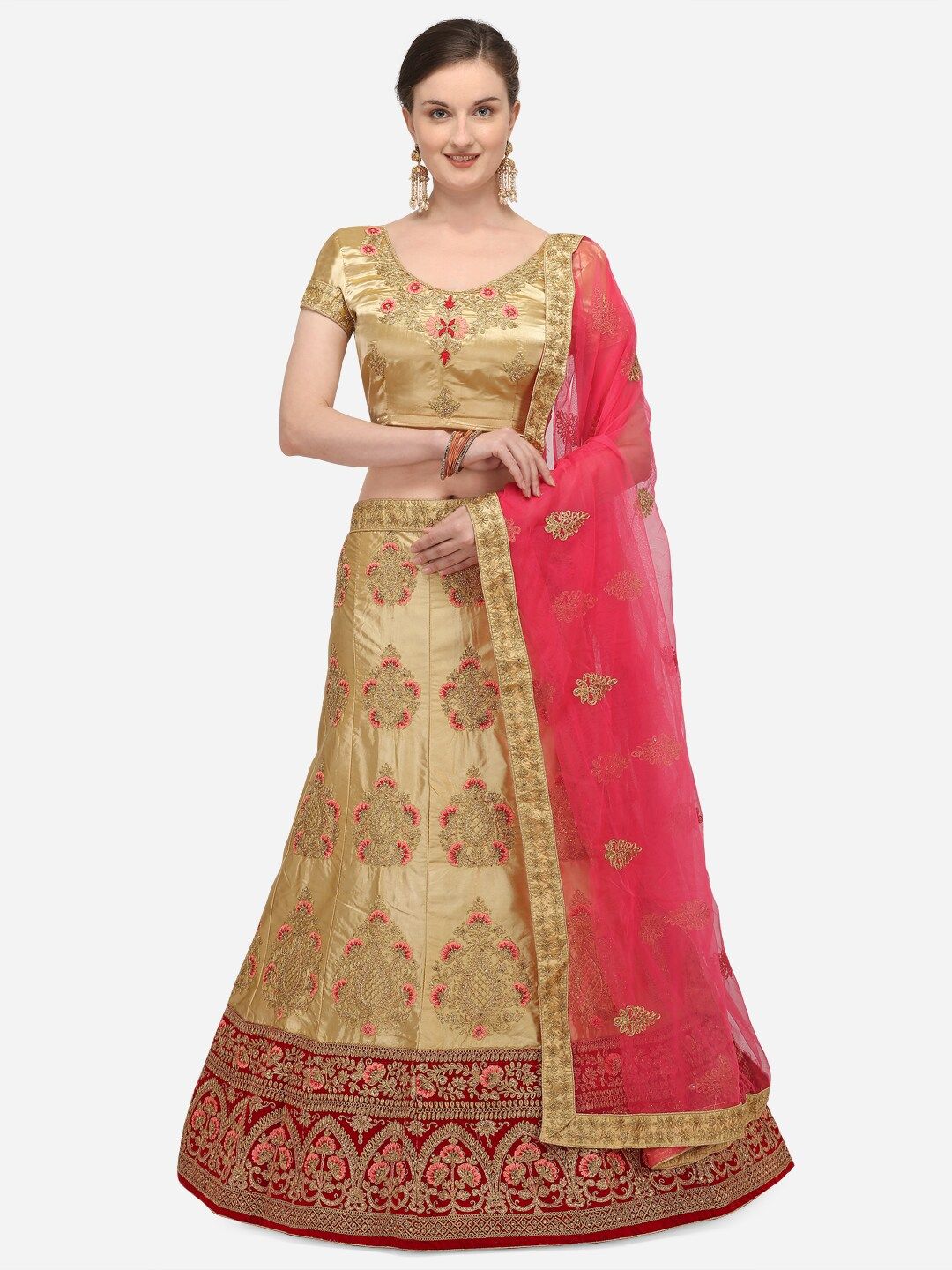 Netram Beige & Pink Embroidered Semi-Stitched Lehenga & Unstitched Blouse with Dupatta