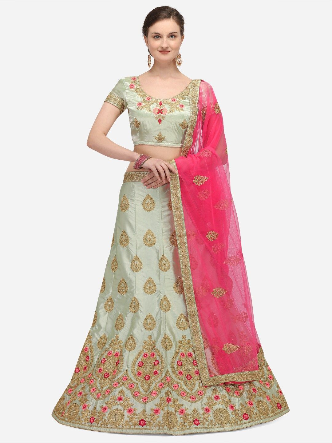 Netram Lime Green & Pink Embroidered Semi-Stitched Lehenga & Unstitched Blouse with Dupatta