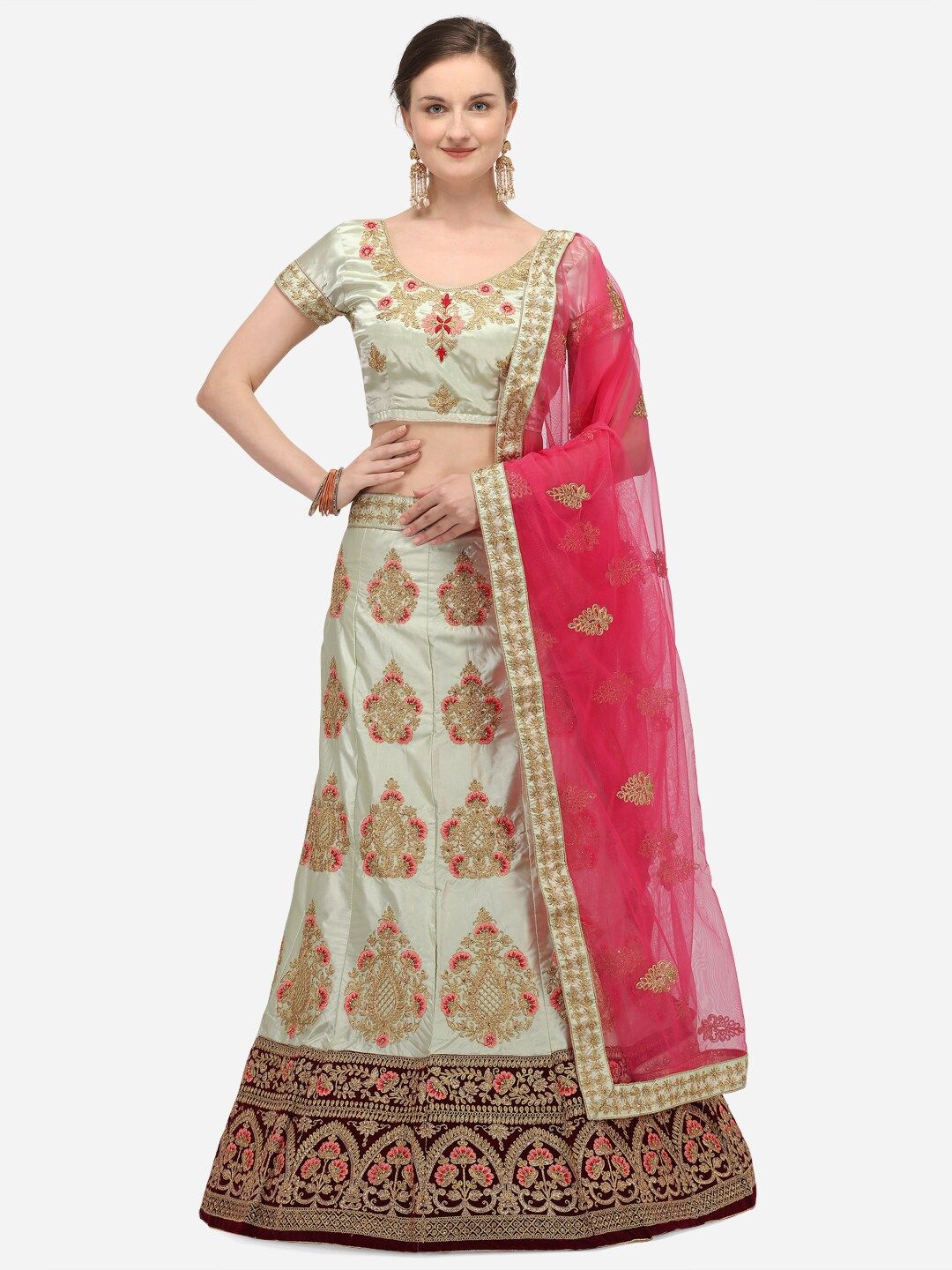 Netram Sea Green & Red Embroidered Semi-Stitched Lehenga & Unstitched Blouse with Dupatta