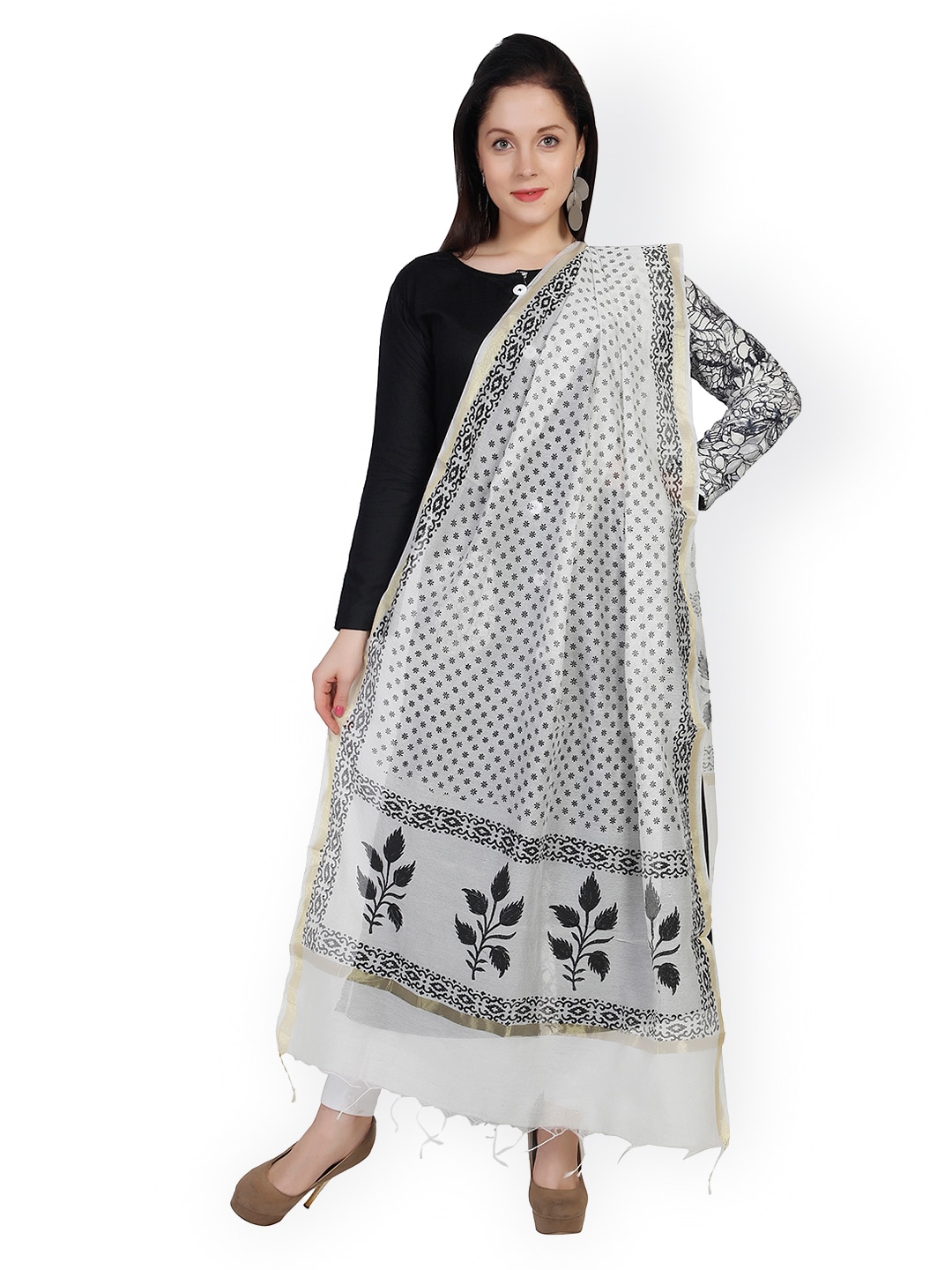 Dupatta Bazaar White & Black Floral Block Print Chanderi Cotton Silk Dupatta Price in India