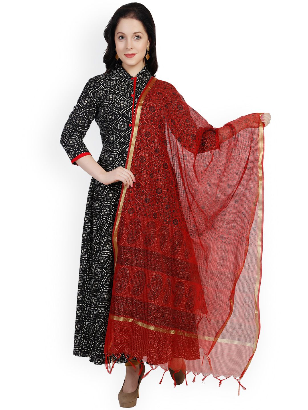 Dupatta Bazaar Red Block Print Cotton Silk Dupatta Price in India