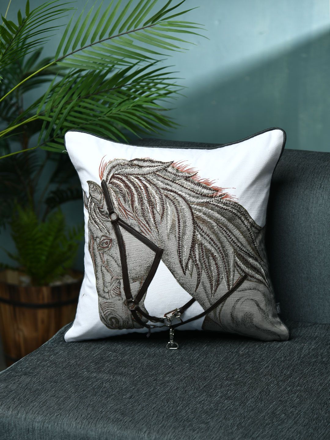 AMOROSA White & Grey Single Embroidered Square Cushion Cover Price in India