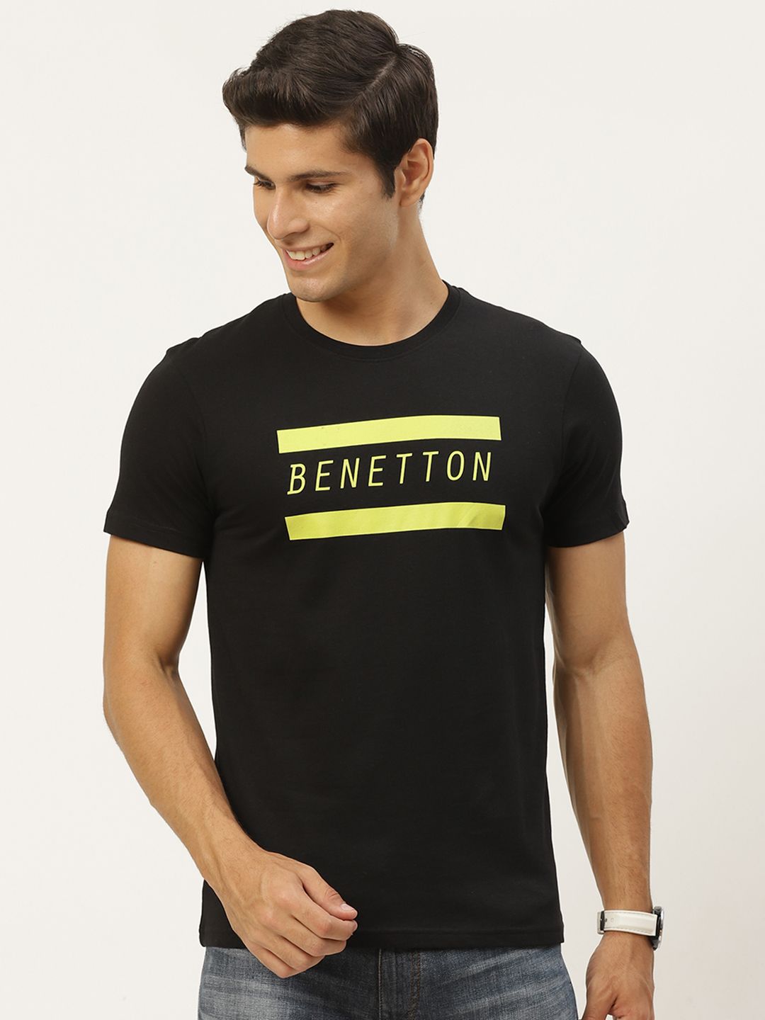 United Colors of Benetton Men Black & Yellow Brand Logo Printed Pure Cotton T-shirt