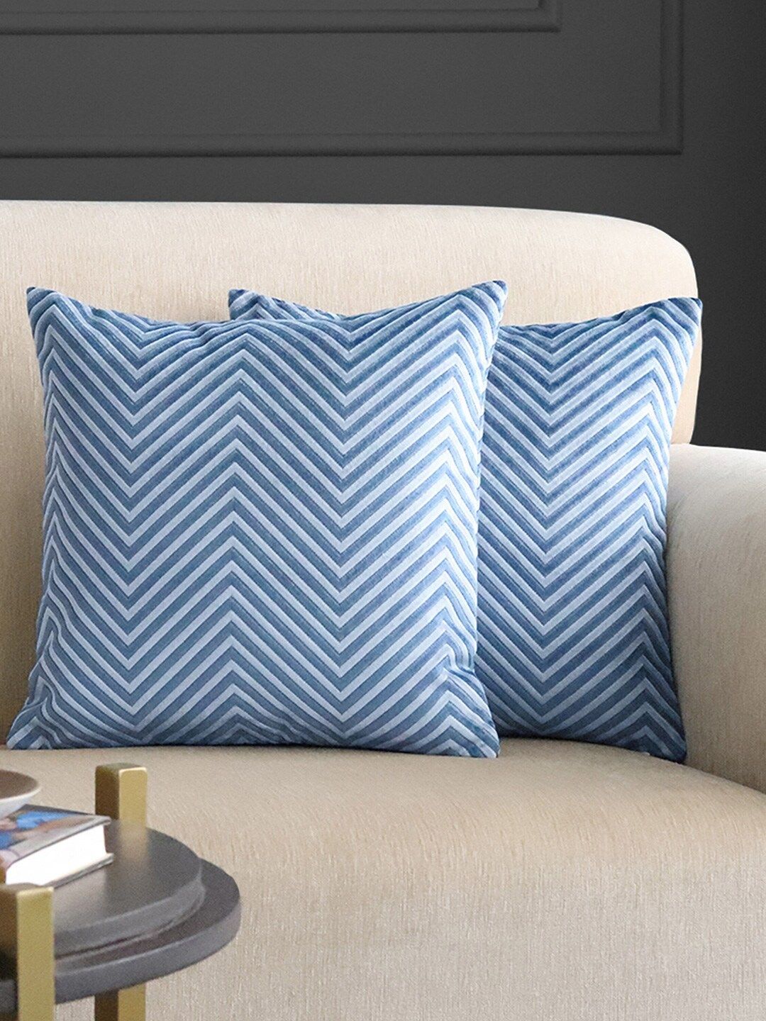 GM Blue & White Set of 2 Geometric Velvet Square Cushion Covers Price in India