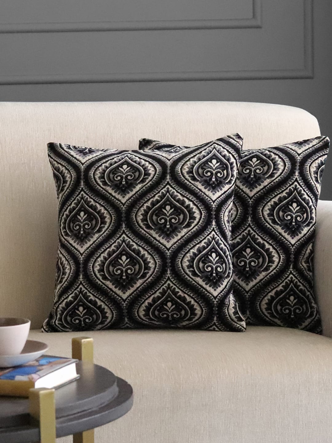 GM Black & Beige Set of 2 Ethnic Motifs Square Cushion Covers Price in India
