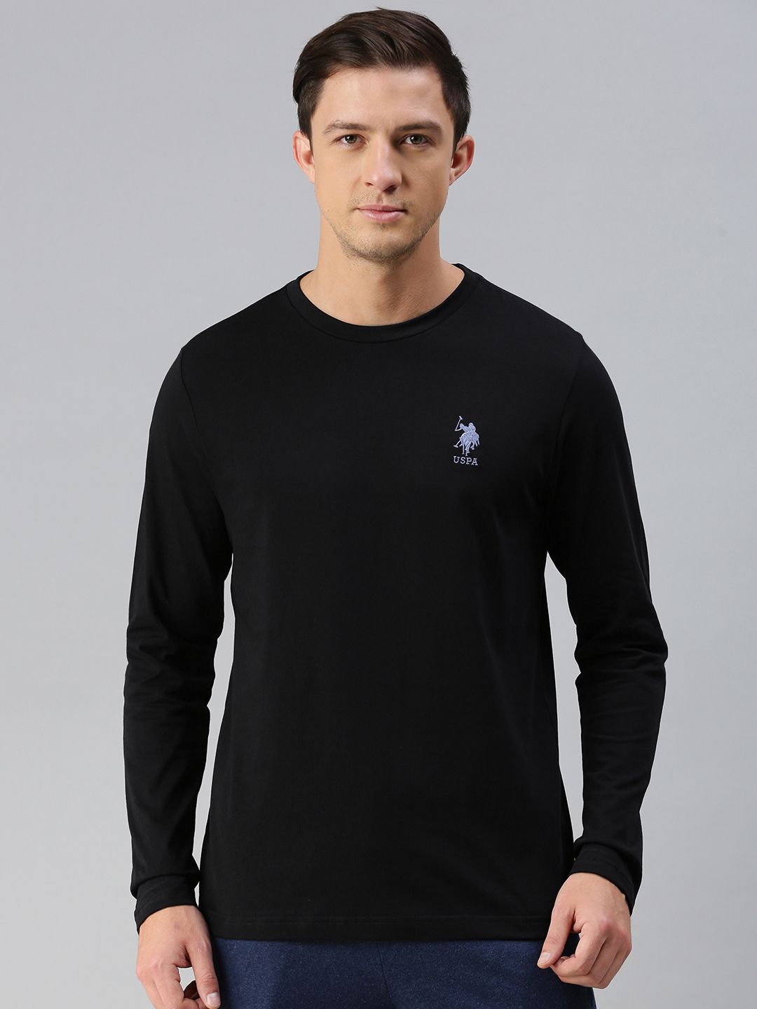 U.S. Polo Assn. Men Black Solid Pure Cotton Round Neck Lounge T-shirt