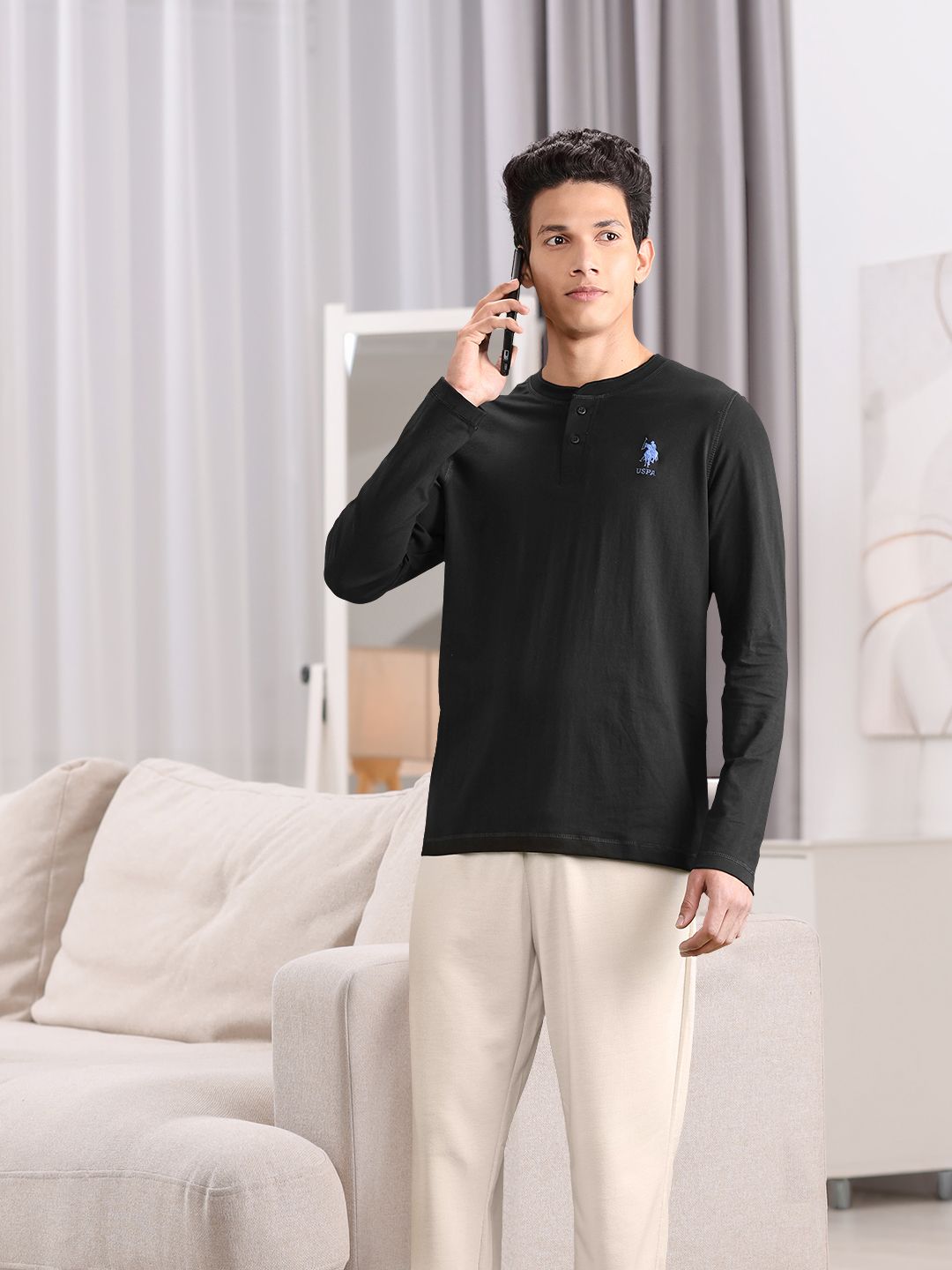 U.S. Polo Assn. Men Black Solid Pure Cotton Lounge T-shirt