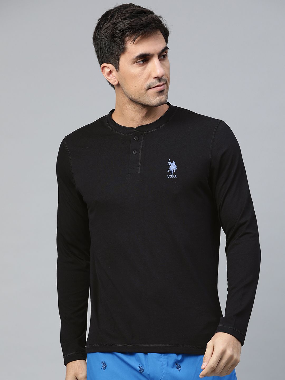 U.S. Polo Assn. Men Black Solid Pure Cotton Lounge T-shirt