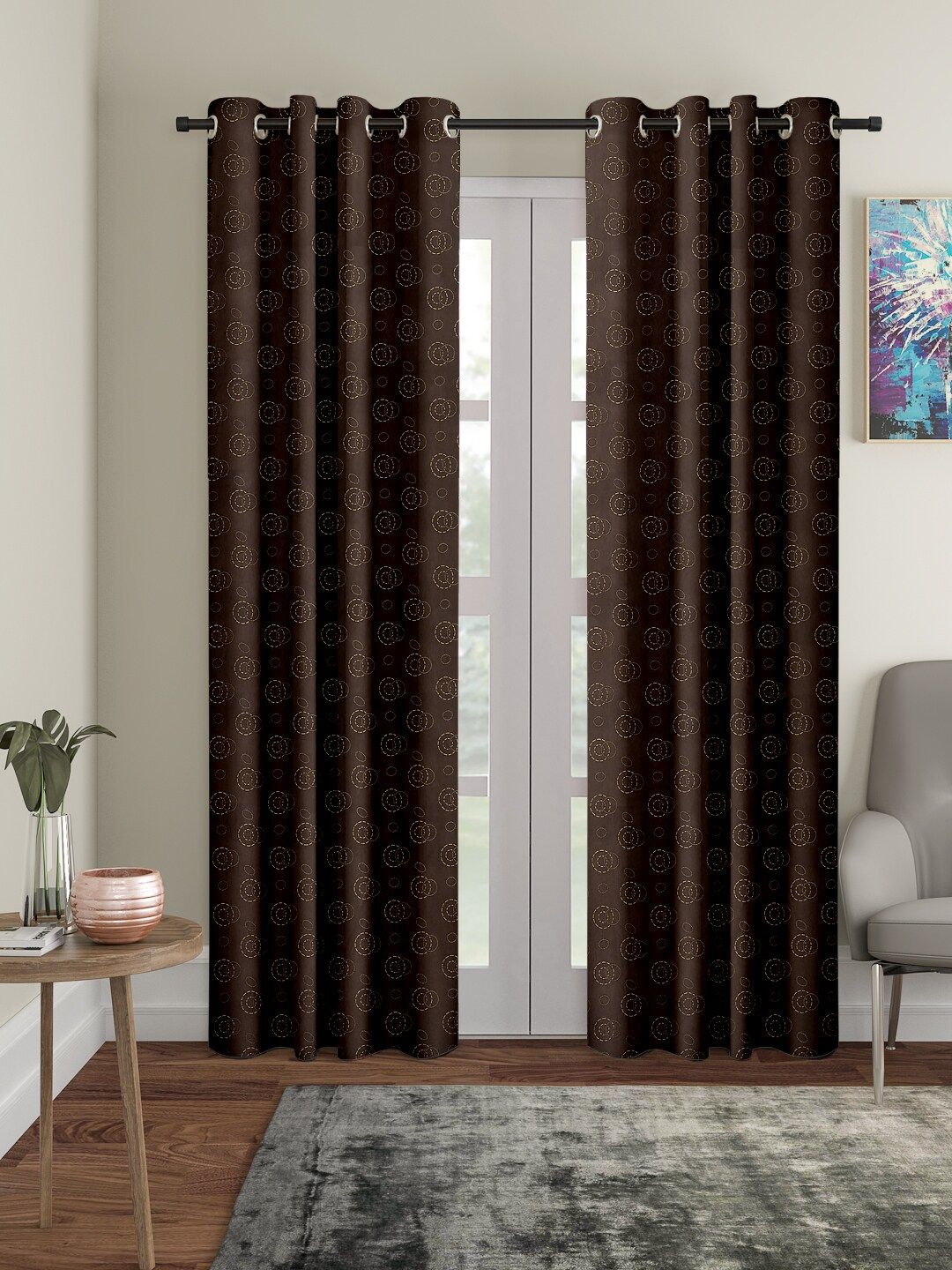 Cortina Brown & Gold-Toned Set of 2 Sheer Door Curtains Price in India